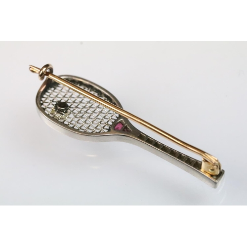 4 - Early 20th Century tennis racket brooch having a white metal racket set with diamonds to the handle ... 