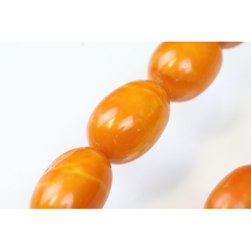 6 - Butterscotch amber beaded necklace having 39 graduating oval beads with a 9ct gold clasp. Largest be... 