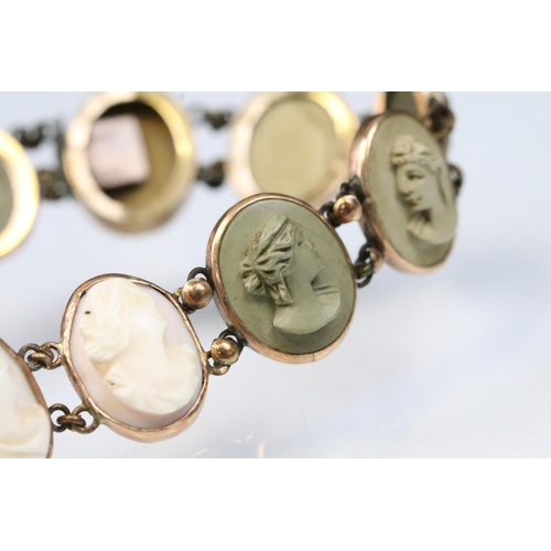 9 - 19th Century lava cameo bracelet. The bracelet set with moulded lava cameos depicting classical fema... 