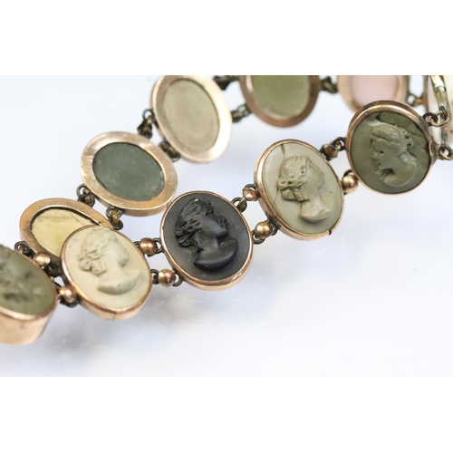 9 - 19th Century lava cameo bracelet. The bracelet set with moulded lava cameos depicting classical fema... 