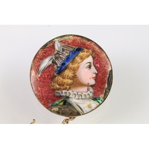44 - 19th Century Victorian 9ct gold and enamel brooch featuring a hand painted female portrait with diam... 