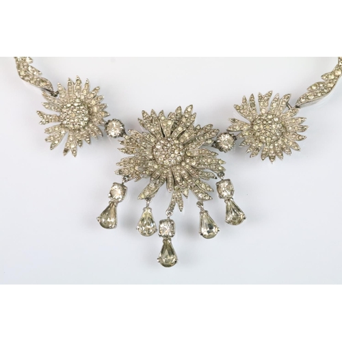 2 - Christian Dior - 1950s vintage Mitchel Maer for dior white metal floral collar necklace being set wi... 