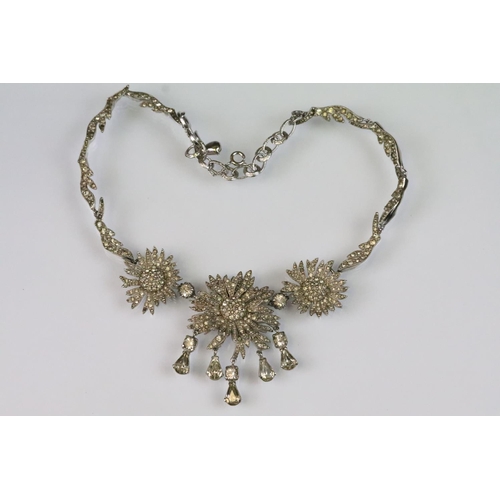 2 - Christian Dior - 1950s vintage Mitchel Maer for dior white metal floral collar necklace being set wi... 