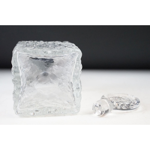79 - Whitefriars textured Glacier design square and cylinder clear glass spirit whiskey decanters and pai... 