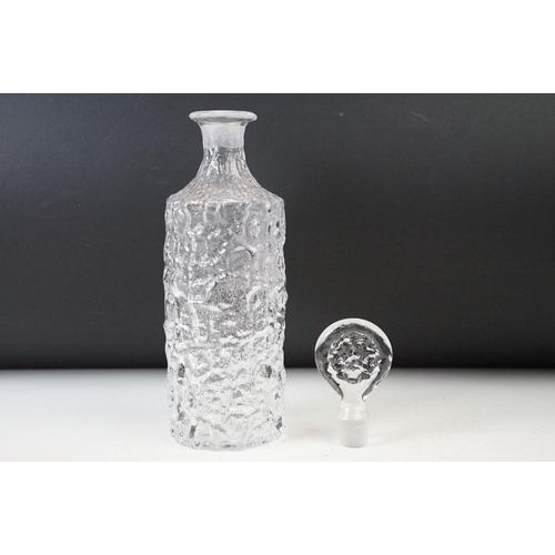 79 - Whitefriars textured Glacier design square and cylinder clear glass spirit whiskey decanters and pai... 