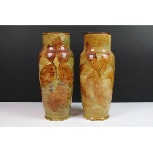 10 - Pair of Royal Doulton 8581H Lambeth studio pottery stoneware vases 'Autumn natural foliage ware' c.1... 