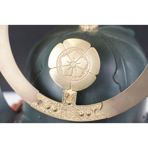 100 - Japanese Samurai helmet suit of armour replica with colourful cotton thread weaving on mount stand.