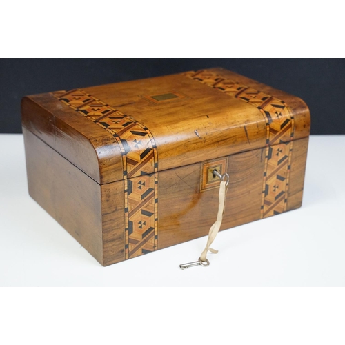 106 - Victorian Rosewood sewing box with MOP inlay detail together with curved vintage Tunbridge box with ... 
