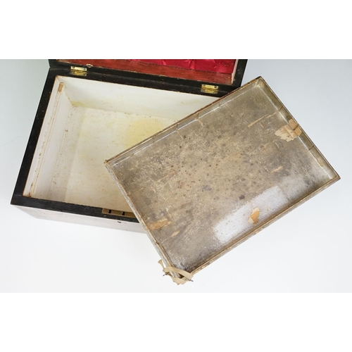 106 - Victorian Rosewood sewing box with MOP inlay detail together with curved vintage Tunbridge box with ... 