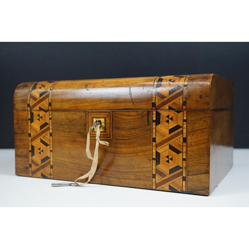 106 - Victorian Rosewood sewing box with MOP inlay detail together with curved vintage Tunbridge box with ... 