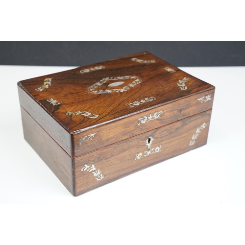 106 - Victorian Rosewood sewing box with MOP inlay detail together with curved vintage Tunbridge box with ... 