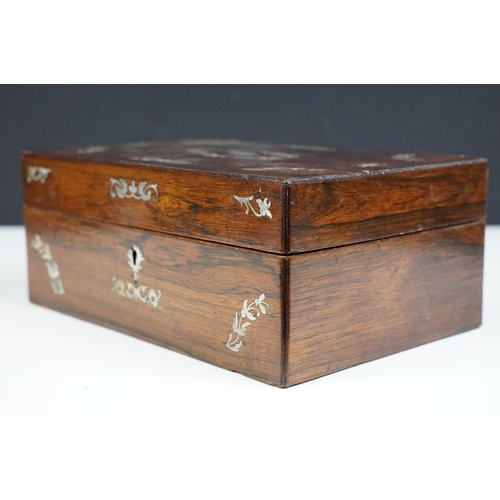106 - Victorian Rosewood sewing box with MOP inlay detail together with curved vintage Tunbridge box with ... 