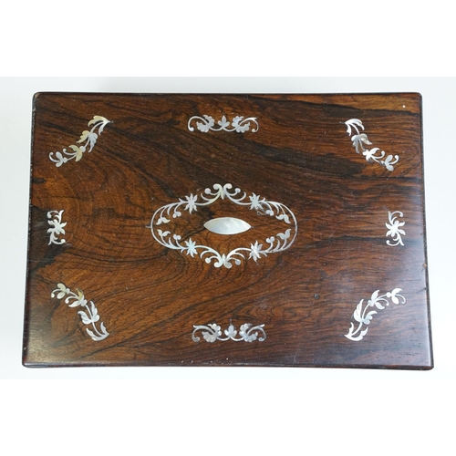 106 - Victorian Rosewood sewing box with MOP inlay detail together with curved vintage Tunbridge box with ... 