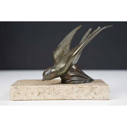 110 - Pair of Art Deco marble bookends mounted with stylised spelter birds (one bird a/f), each 15cm long