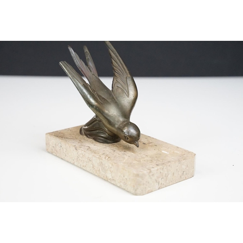 110 - Pair of Art Deco marble bookends mounted with stylised spelter birds (one bird a/f), each 15cm long