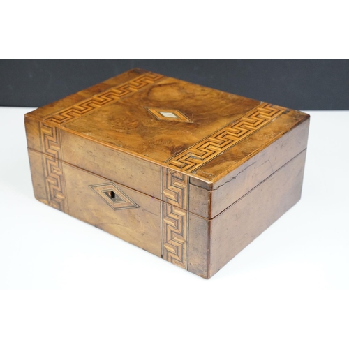 111 - Victorian Walnut parquetry sewing box with MOP inlay and sewing related contents to include scissors... 