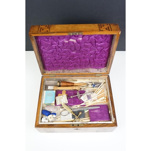 111 - Victorian Walnut parquetry sewing box with MOP inlay and sewing related contents to include scissors... 