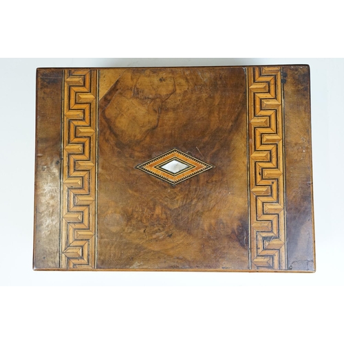 111 - Victorian Walnut parquetry sewing box with MOP inlay and sewing related contents to include scissors... 