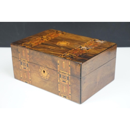 111 - Victorian Walnut parquetry sewing box with MOP inlay and sewing related contents to include scissors... 