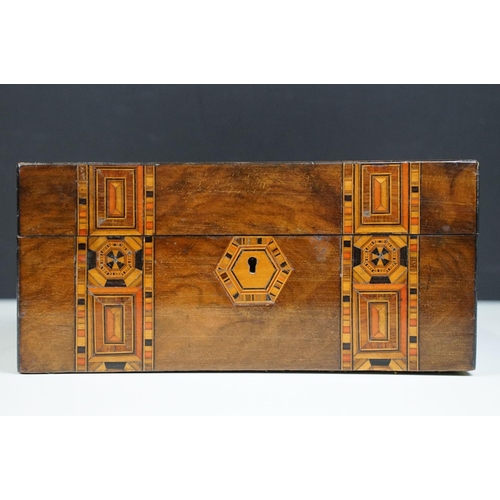 111 - Victorian Walnut parquetry sewing box with MOP inlay and sewing related contents to include scissors... 