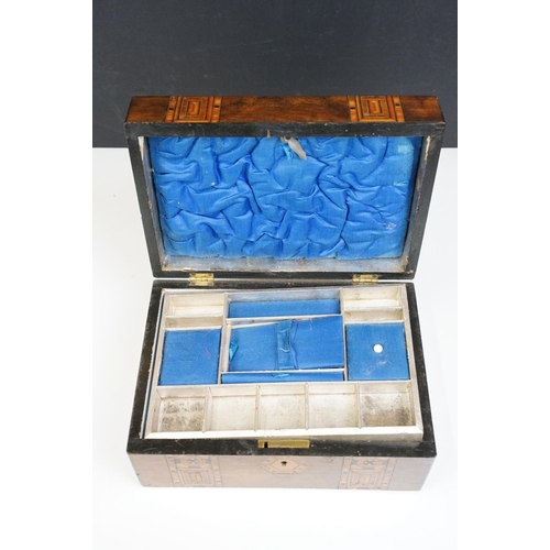 111 - Victorian Walnut parquetry sewing box with MOP inlay and sewing related contents to include scissors... 
