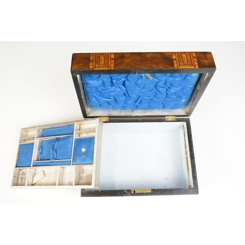 111 - Victorian Walnut parquetry sewing box with MOP inlay and sewing related contents to include scissors... 