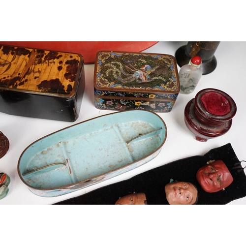 117 - Assortment of oriental items to include a set of eight Japanese wooden miniature character masks and... 