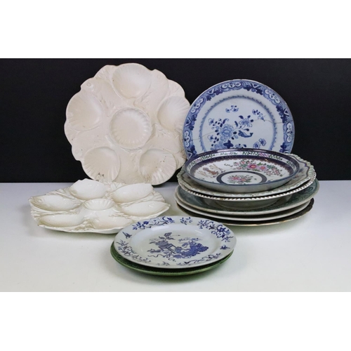 27 - Selection of plates to include 18th century Minton Staffordshire salt glaze oyster and fish serving ... 