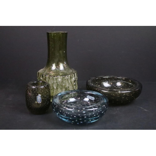 29 - Vintage Whitefriars smoky controlled bubble glass bowls and small vase together with a sage green te... 