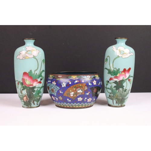 32 - Pair of Japanese Meiji period Ando style cloisonne vases decorated with poppies on a blue ground (bo... 