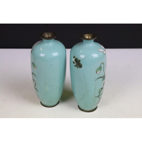 32 - Pair of Japanese Meiji period Ando style cloisonne vases decorated with poppies on a blue ground (bo... 