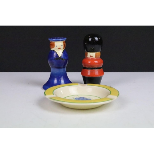 4 - Bizarre by Clarice Cliff hand painted blue crocus ashtray together with soldier and sailor cruet sal... 