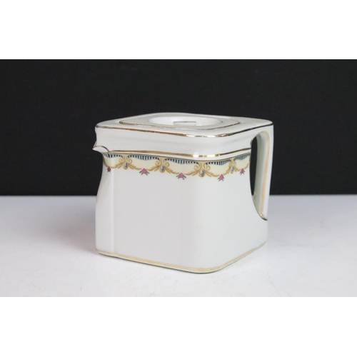 40 - Two cube teapots, one in glossy brown finish and one example of Wedgwood 'Kelso' pattern together wi... 