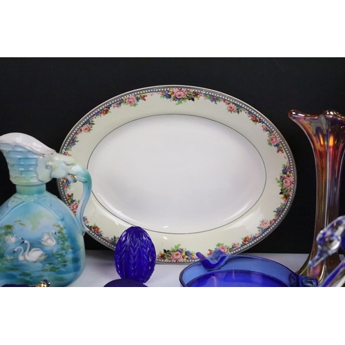 66 - Selection of blue glass decorative items to include atomiser perfume bottle, scent bottles, swan, pi... 