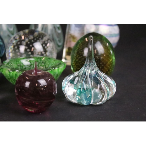 71 - Assortment of coloured glass paperweights and decorative glass vases