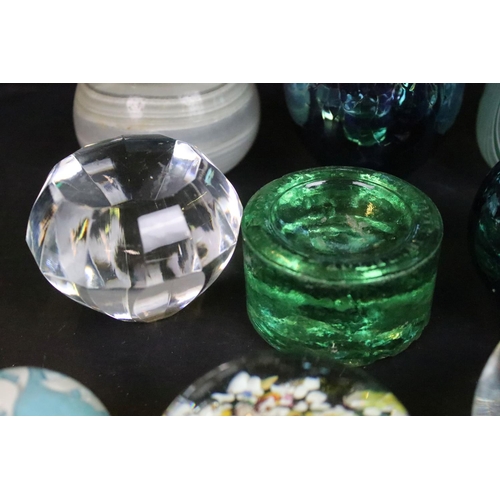 71 - Assortment of coloured glass paperweights and decorative glass vases