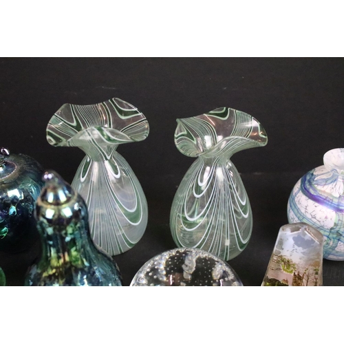 71 - Assortment of coloured glass paperweights and decorative glass vases