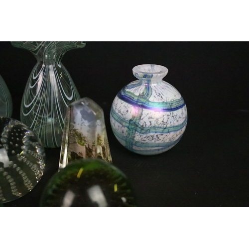 71 - Assortment of coloured glass paperweights and decorative glass vases