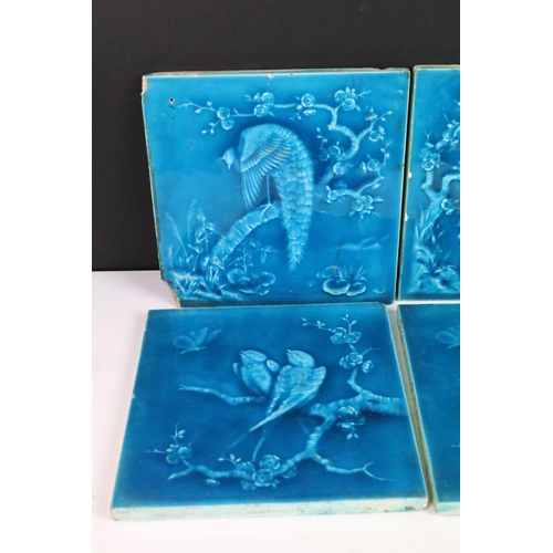 75 - Six Minton aesthetic period tiles. Overall teal glaze, each design featuring a bird scene, unmarked.