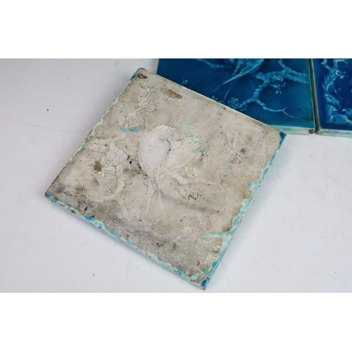75 - Six Minton aesthetic period tiles. Overall teal glaze, each design featuring a bird scene, unmarked.