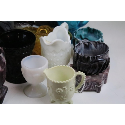 81 - Selection of coloured and white milk pressed glass items to include white fish jug, malachite purple... 