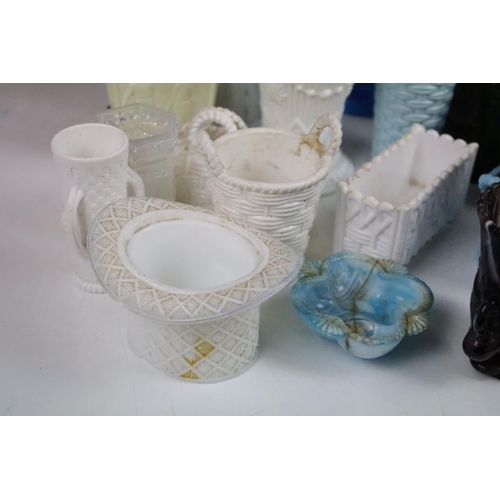 81 - Selection of coloured and white milk pressed glass items to include white fish jug, malachite purple... 