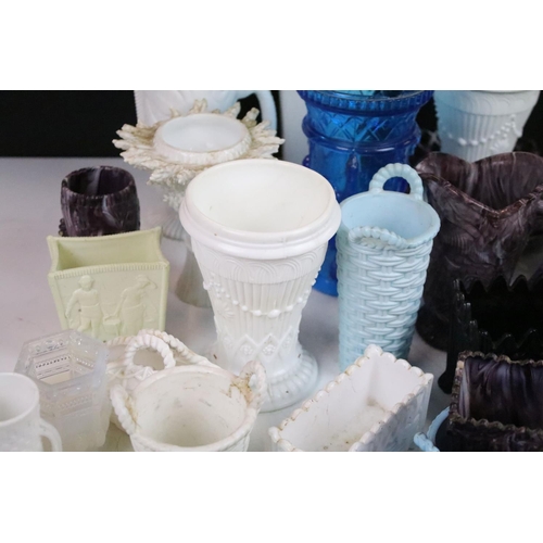 81 - Selection of coloured and white milk pressed glass items to include white fish jug, malachite purple... 