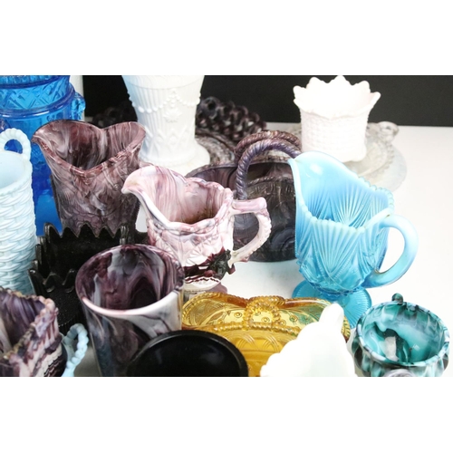 81 - Selection of coloured and white milk pressed glass items to include white fish jug, malachite purple... 