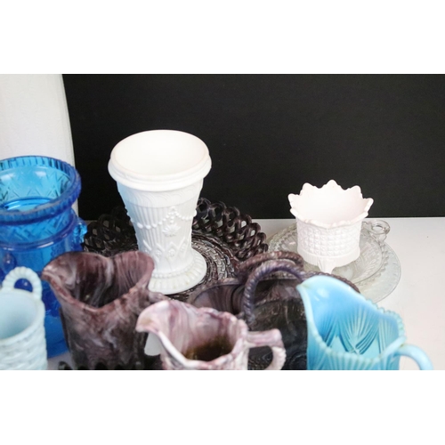 81 - Selection of coloured and white milk pressed glass items to include white fish jug, malachite purple... 