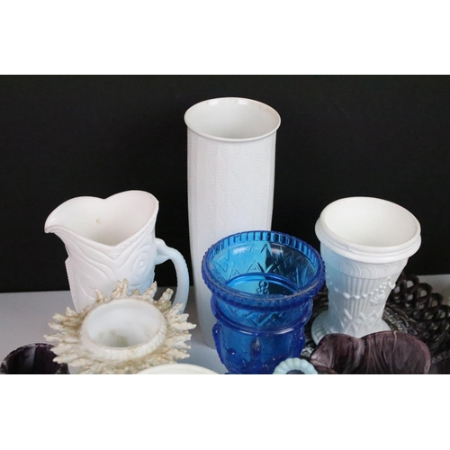 81 - Selection of coloured and white milk pressed glass items to include white fish jug, malachite purple... 