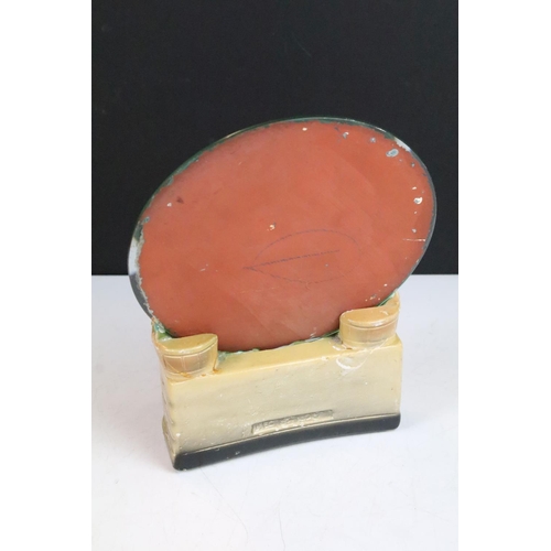 87 - Antique ceramic boy and dog by a wall scene with mirror stand background, H 27cm