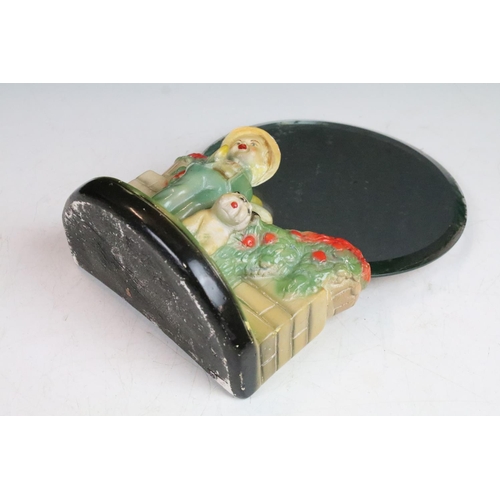 87 - Antique ceramic boy and dog by a wall scene with mirror stand background, H 27cm