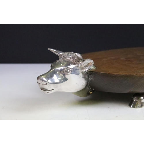 91 - Vintage French hardwood and white metal charcuterie board in the form of a bull, 47cm long