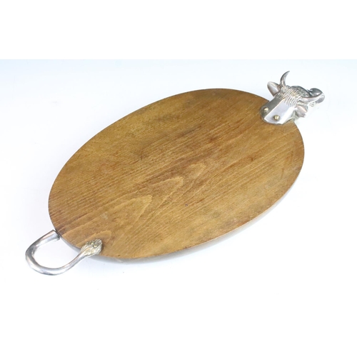 91 - Vintage French hardwood and white metal charcuterie board in the form of a bull, 47cm long